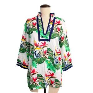 Brooks Brothers Womens 6 Tropical Bird of Paradise Cotton Tunic Top Navy Trim